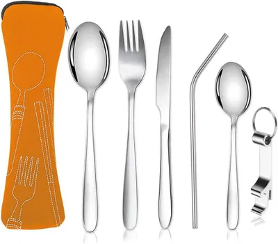 Zdjęcie produktu dla Przenośny Zestaw Sztućców Campingowych 6 Części, Stal Nierdzewna 304, Nóż, Widelec, Łyżka, Otwieracz, Słomki