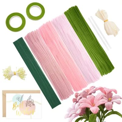 Productafbeelding van Bloemenpijpenreiniger-knutselset - 400-delig, inclusief bloemenlint en accessoires - Doe-het-zelf set voor bloemarrangementen - Roze