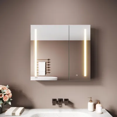 Image de Sonni Armoire de toilette double porte en fer 50 x 65 x 13,3 cm, gris moucheté, y compris tablette de maquillage et miroir grossissant