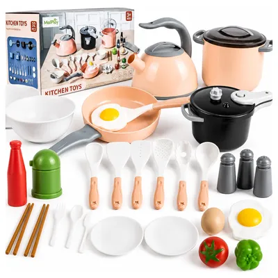 Image de Ensemble de cuisine pour enfants Malplay : casseroles, bouilloire, poêle, accessoires, 32 pièces
