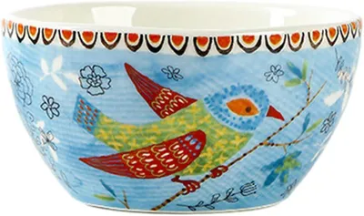 Produktbild von Japanische Reisschale mit unregelmäßiger Form, schlichter zarter Unterglasurfarbe, 11,9 cm, blauer Vogel