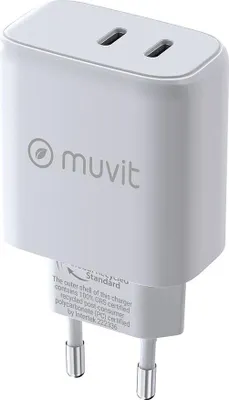 Imagen del producto de Muvit, cargador de pared con 1 puerto USB-C PD de 45W y 1 puerto USB-C PD de 20W, color blanco