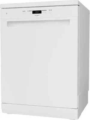 A white dishwasher is shown from a three-quarter angle against a white background.