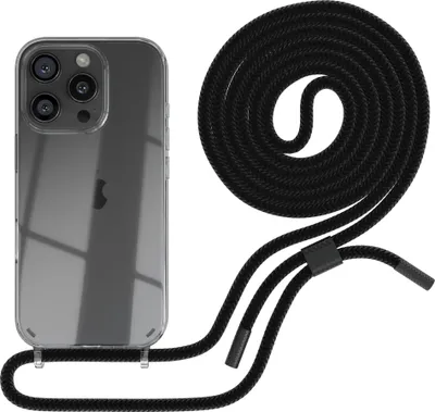 Produktbild von EAZY CASE Handykette für Apple iPhone 16 Pro, Clear Case aus Silikon, mit Umhängeband, abnehmbare Endstücke, Handyband in Schwarz