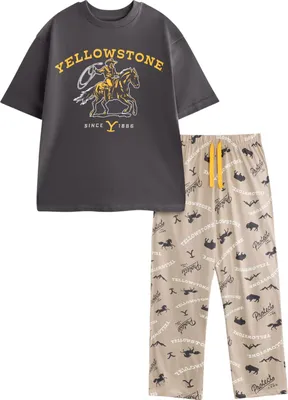 Image de Yellowstone - Pyjama avec pantalon long pour homme, manches courtes NS9226 (M) (Gris/Brun)