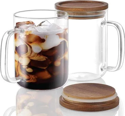 Produktbild von Famanu Glaskaffeetassen mit Holzdeckel - Set von 2 - 350ml Doppelwandige Tee- und Kaffeetassen