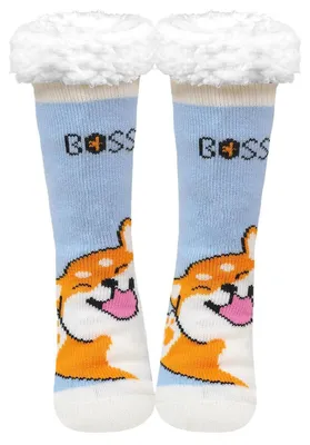 Produktbild von Stoppersocken Damen dick mit Anti Rutsch Sohle, Haussocken warm flauschig Thermo-Socken mit Innenfrottee EU 36-41 Fröhliche Pfoten Shiba