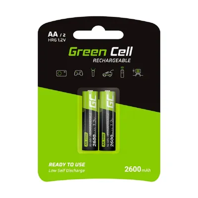 Image de Piles AA rechargeables Green Cell, 2 600 mAh, 1,2 V, paquet de 2