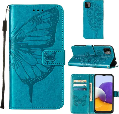 Produktbild von Galaxy A22 5G Hülle, Schmetterling Prägung Flip Leder Kartenfächer Schutzhülle Ledertasche mit Ständer für Samsung Galaxy A22 5G Blau