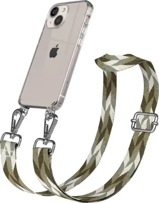 Produktbild von EAZY CASE Handykette - Verstellbarer Trageriemen kompatibel mit Apple iPhone 13 Mini, Handykordel mit transparenter Silikon-Hülle, Karabiner Silber, Mix Style, Band in Grün