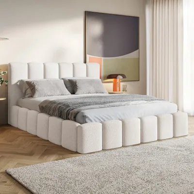 Produktbild von MOTIVENA Nunu Bubble Polsterbett 120x200 mit Bettkasten, Holz Lattenrost, Bubble Bett 120x200 Weiß Boucle (Catch me 01)