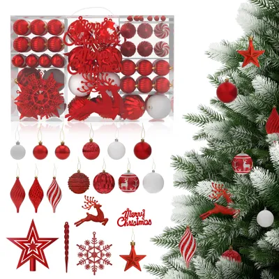 Produktbild von YZNAHRE Weihnachtskugeln Rot 108er Set Christbaumschmuck Weihnachtsdeko Plastik inkl. Christbaumkugeln, Stern, Reh Schneeflocke Weihnachtsdekoration Weihnachtsschmuck