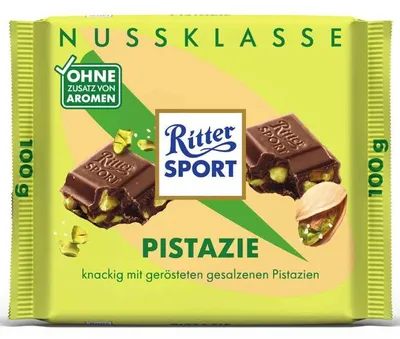 Produktbild von Ritter Sport Pistazie, Milchschokolade, 100 g, Pistazie, 1 Stück(e), Kann Spuren von Erdnüssen, anderen Schalenfrüchten, glutenhaltigem Getreide und Ei enthalten., Milch, Soja