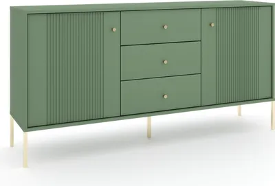 Produktbild von Kommode: drei Schubladen, zwei Türen, rauchgrüne Farbe, goldene Beine