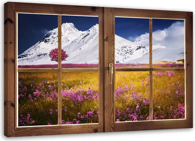 Produktbild von Leinwandbild fenster - blick auf schneebedeckte berge 120x80 cm Feeby gelb wandbild bereit zum aufhängen