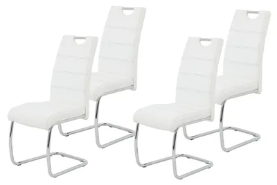 Four white dining chairs with chrome frames are arranged on a white background.