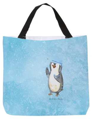 Produktbild von Mr. & Mrs. Panda Tote Bag Pinguin Duschen - Eisblau - Geschenk, Baden, Dusche, Duschkonzert, Strandtasche, Tasche, Laptoptasche, Reisetasche, Motivation, Schultasche