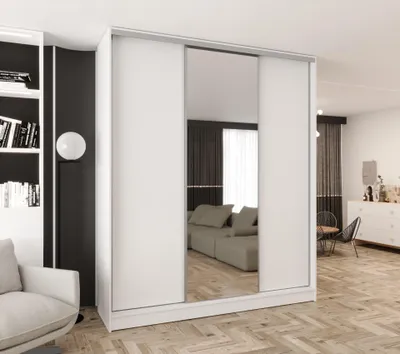 Produktbild von Schwebetürenschrank 3-türig 180x250x58 cm weiß mit 1 Spiegel – Moderner Kleiderschrank für Schlafzimmer und Flur, großer Kleiderschrank