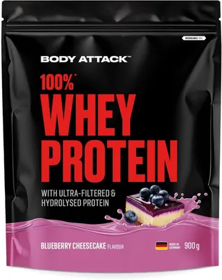 Produktbild von Body Attack 100 % Whey Protein – 900 g Blueberry Cheesecake
