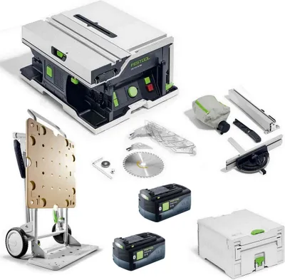 A collection of tools and accessories for a Festool Akku Tischkreissäge.