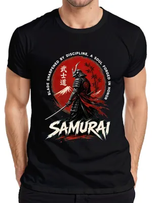 Obrázek produktu pro Samuraj, Bushido, Japonsko, Katana, Bojovník, Fuji, Slunce, Retro, Y2K, Ronin, Pánské tričko, Černá barva, Velikost M