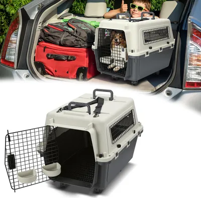 Produktbild von Ikodm Hundebox Transportbox 67,3 x 54,9 x 51,5 cm bis 17,5 kg mit Rollen, Metalltür, Belüftungsfenstern, Bodengitter, 2 Futternäpfen und Tragegurt