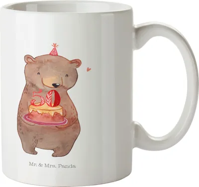 Produktbild von Mr. & Mrs. Panda Becher Bär Torte 50. Geburtstag - Weiß - Geschenk, schöne tasse, Herzlichen Glückwunsch, kaffeetasse bedruckt, Pott, Kaffeepott, Geburtstagsfeier, Kuchen