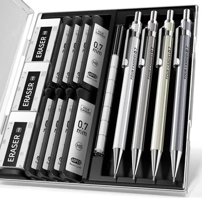 Image de Set de porte-mine professionnel avec corps en métal, 4 pièces de porte-mine 0,7 mm, 8 tubes de plomb HB, 3 pièces de gomme 4B, étui, pour écrire et