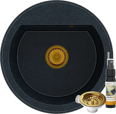 Produktbild von Granitan | Granitspüle - Spülbecken - 49 cmx49 cmx18 cm - Rund - Gold - mit Siphon Gold - ARNO