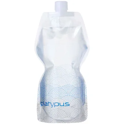 A clear product shot of a soft water bottle with a white cap and blue wave pattern at the bottom.