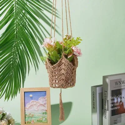Image de Support pour plantes en macramé - 97 cm de jute - tissé au crochet - support suspendu pour pot - pot de fleurs décoratif - support long - crochet en forme de S - pour l'intérieur, l'extérieur, les murs, la maison, style bohème
