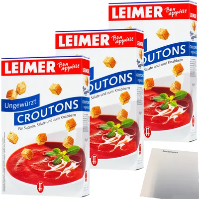Produktbild von Leimer Croutons Natur ungewürzt für Suppen Salat und zum Knabbern 3er Pack (3x100g Packung)  + usy Block