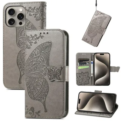 Image de Étui pour iPhone 16 Pro d'Apple en simili cuir, motif papillon, gris