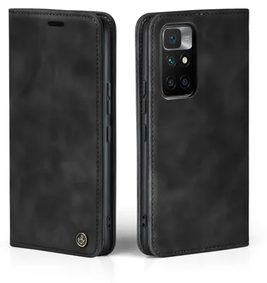 A black flip cover phone case for a Xiaomi Redmi Note 10 is shown from the front and back.