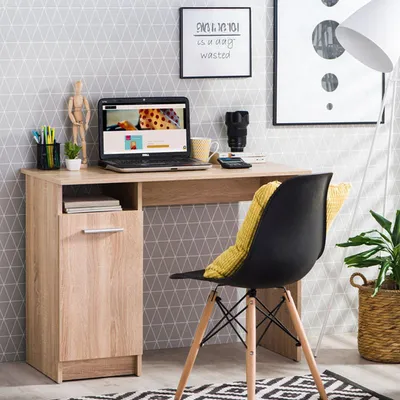 Immagine prodotto di Dmora Scrivania Tiriolo 100x50x75h cm Marrone Rovere, 2 Ripiani 3 Vani