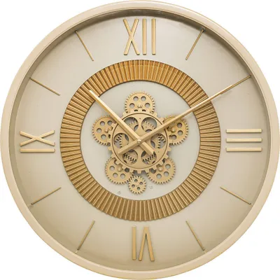 A close-up studio shot of a mechanical wall clock.