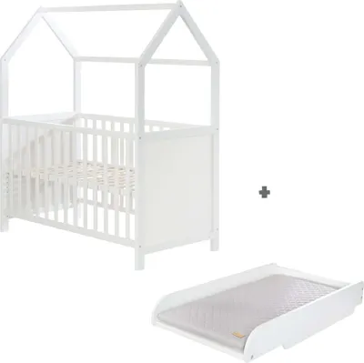 Produktbild von roba Hausbett 60 x 120 cm inkl. passender Wickelplatte zum Aufsetzen, Baby- & Beistellbett in Hausoptik, weiß, 6-fach verstellbar