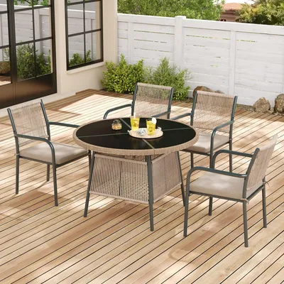 Immagine prodotto di Mobili da esterno okwish, set da giardino con cuscini inclusi, poltrona, schienale in corda intrecciata, set da giardino con tavolo rotondo in vetro e 4 sedie con braccioli, grigio