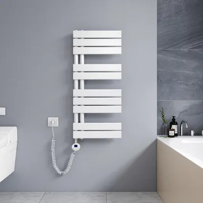 Produktbild von Heilmetz Handtuchtrockner Elektrisch Weiß Badheizkörper mit 400W Thermostat 899 x 400mm Heizkörper Asymmetrie Design Handtuchwärmer - Montage links Ohne heizstab