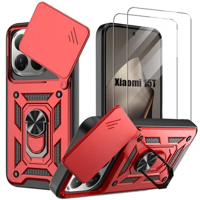 Image de Coque + 2 Verres Trempés pour Xiaomi 15T - Protection Résistante avec Anneau et Cache Caméra Coulissant - Rouge