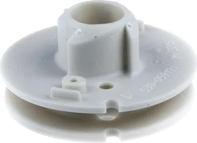 A white plastic pulley wheel with a central cylindrical hub and a flat base with some molded details and text.