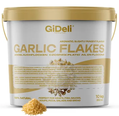Image de Flocons d'ail, 10 kg, qualité naturelle, pour usage professionnel, adaptés à la viande, au poisson et aux légumes. Marque : GiDeli