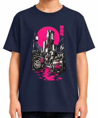 Imagen del producto de Camiseta para niños con diseño de "Cyberpunk Japón", "Ciudad del futuro", "Graffiti", "Estilo retro", "Y2K", "Tokio", "Anime". Color: azul marino. Talla: 152