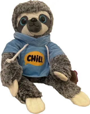 A plush sloth wearing a blue hoodie with the word 'Chill' on it, sitting against a white background.