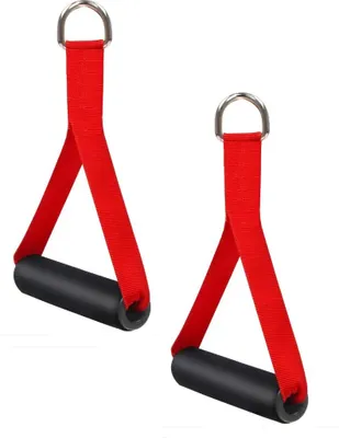 Produktbild von 2 x Einhandgriff für Widerstandsbänder | Trainingsgriffe rot für Fitnessbänder oder Expander | Kabelzug Griffe | Krafttraining Zubehör für Heimtrainingsgeräte, Kraftstationen | Seilzuggriff gepolstert