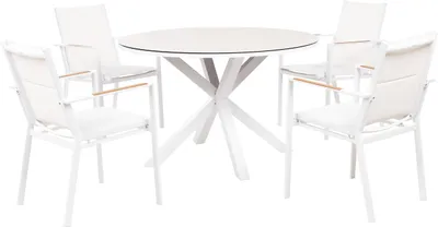 Produktbild von BELIANI Gartenmöbel Set 5-teilig Weiß u. Taupe Aluminium Tisch ⌀ 120 cm Rund Keramikplatte mit 4 Stühlen Bespannt Stapelbar Terrasse Außenbereich