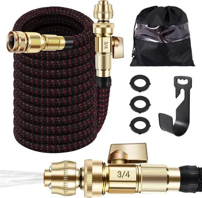 Image de Kit de tuyau d'arrosage flexible de 15 mètres avec pulvérisateur haute pression, crochet, adaptateur et joints