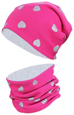 Produktbild von TupTam Uni Kinder Beanie Mütze Schlauchschal Set, Farbe: Herzen Glitzer Grau / Amaranth Grau Meliert, Größe: 50-52
