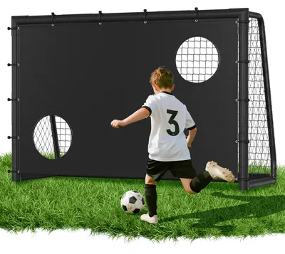 Produktbild von Eikuavons Fußballtor 240 x 160 x 80 cm – Fußballtor für Kinder & Erwachsene, Metalltor mit Torwand & Netz, für Garten & Außenbereich, Schwarz