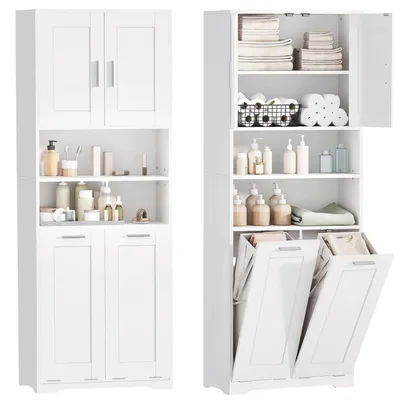 Immagine prodotto di Armadio alto da bagno con cesto per la biancheria, in MDF bianco